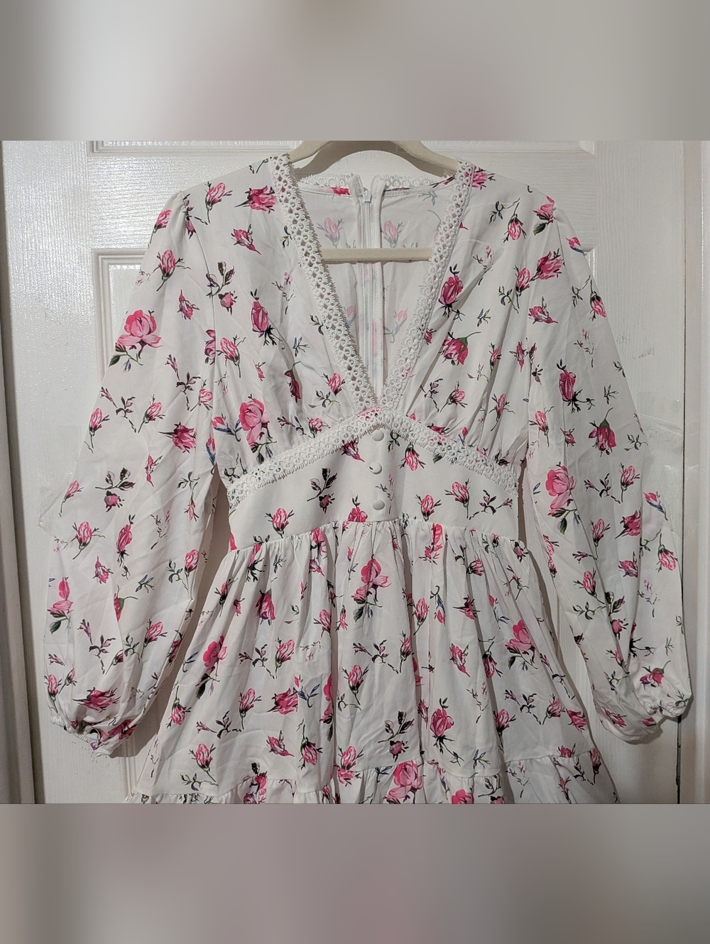 Commense Long Puff Sleeve V Neck Floral Print Short Mini Dress - Picture 11 of 13
